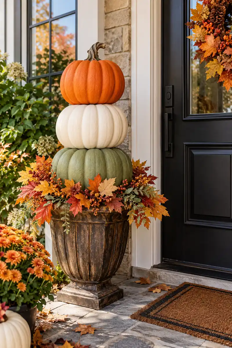 Three stacked foam pumpkins in orange and white forming a topiary in a planter by a front door
