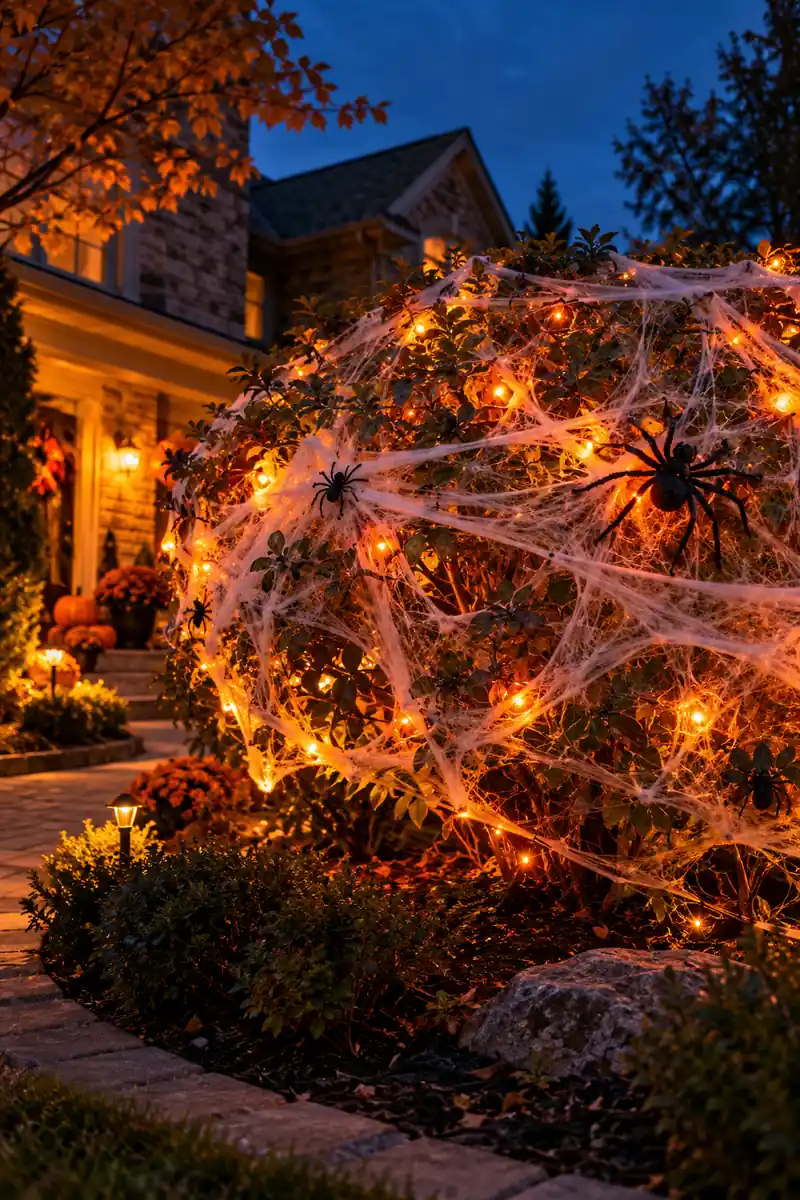 Front yard bush covered in a spiderweb with warm orange string lights glowing through it at dusk