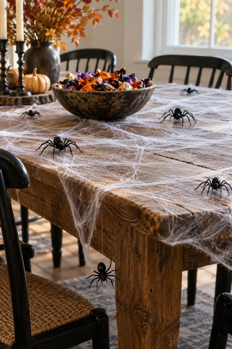 Dining table covered with stretched fake spiderweb and black plastic spiders around a candy bowl