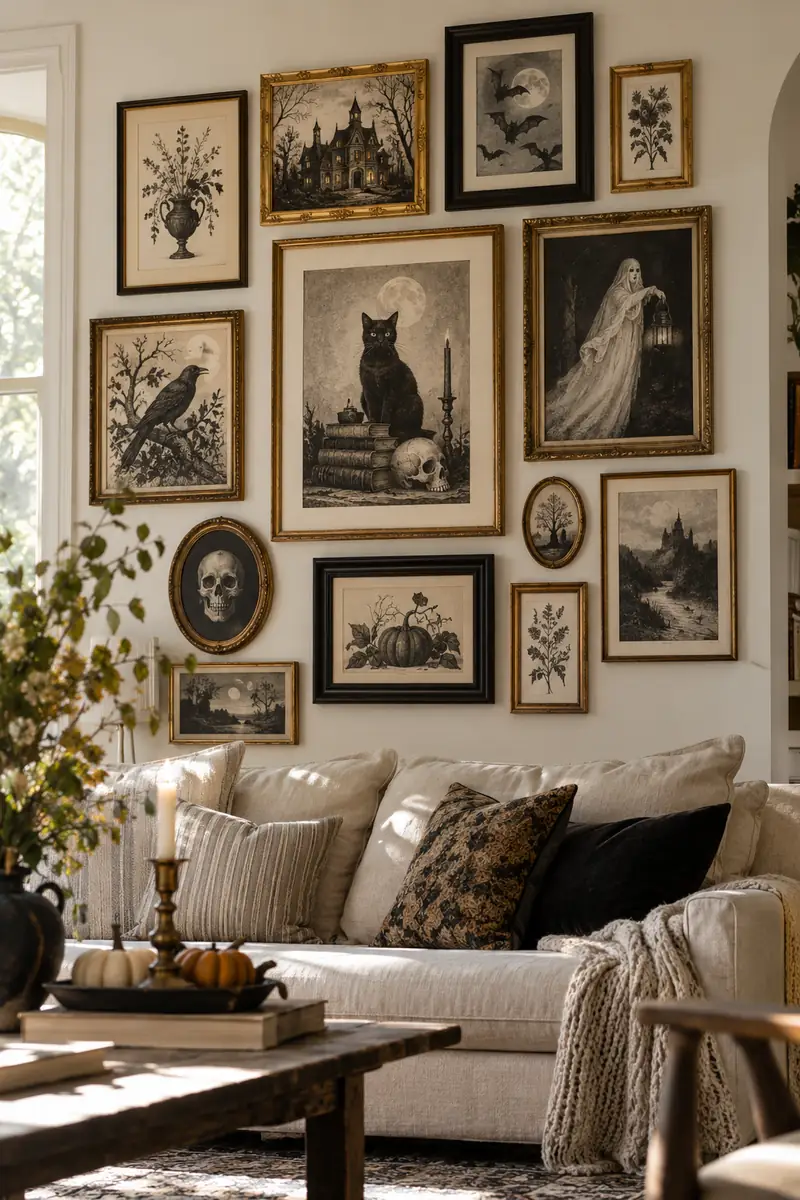 Gallery wall of thrifted gold and black frames holding vintage Halloween art prints above a sofa