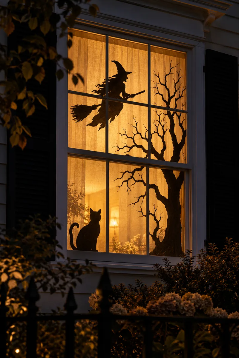 Black paper silhouettes of a cat, witch and bare tree taped inside a glowing front window at night
