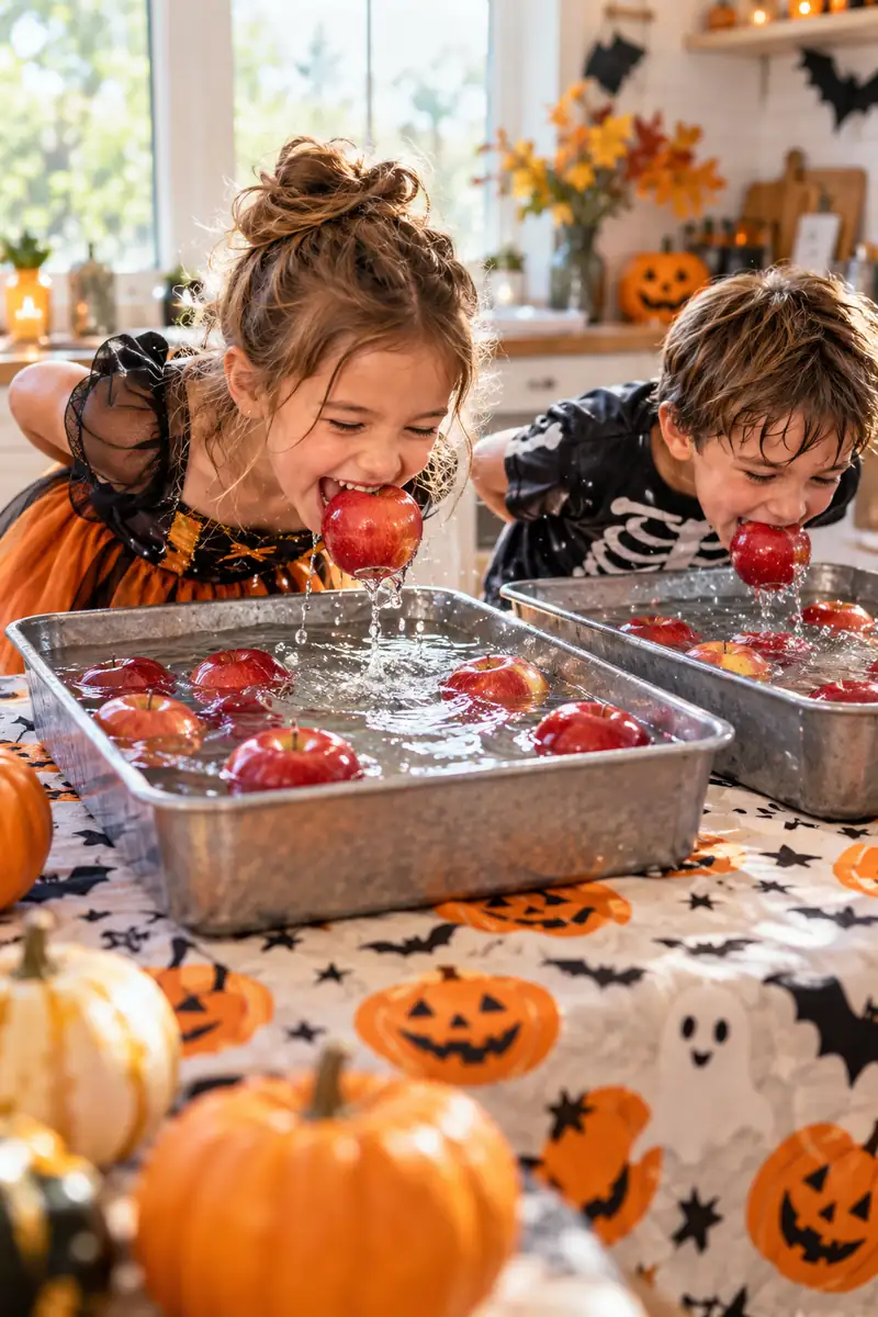Kids grabbing apples with their teeth from shallow water trays at a Halloween party