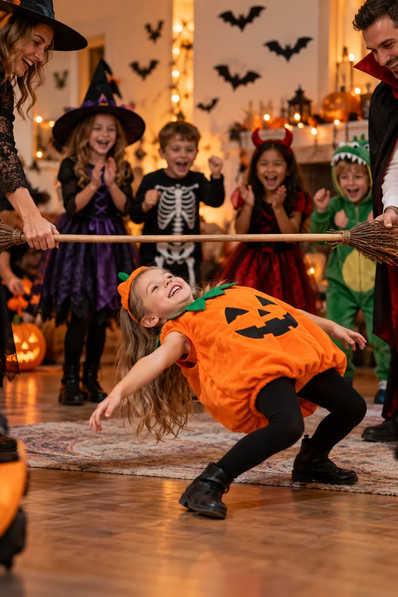 Kids playing limbo under a witch broomstick at a Halloween party