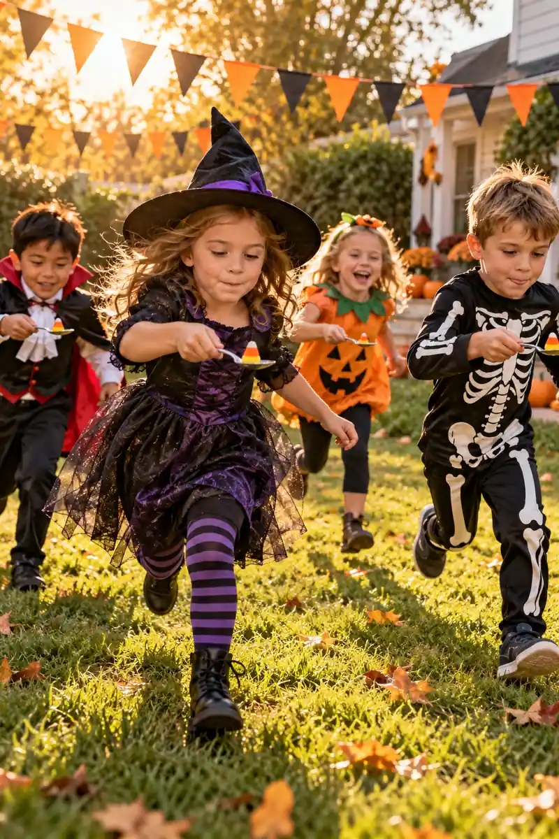Kids racing with spoons carrying candy corn in a Halloween relay game
