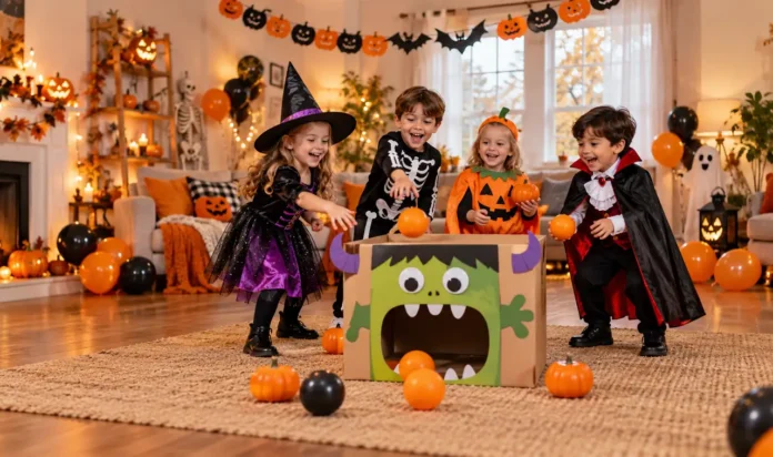 Kids in Halloween costumes playing party games with pumpkins in a decorated living room