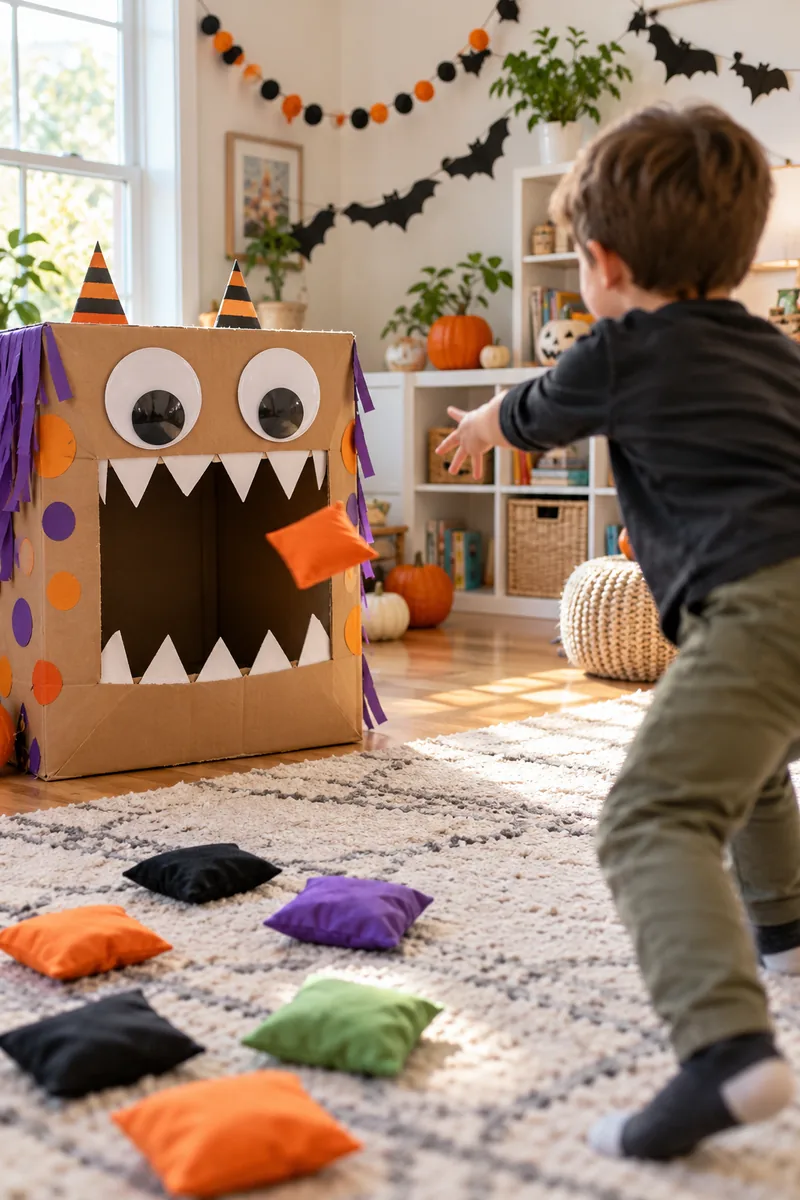 Cardboard box monster with jagged mouth for a bean bag toss game at a Halloween party