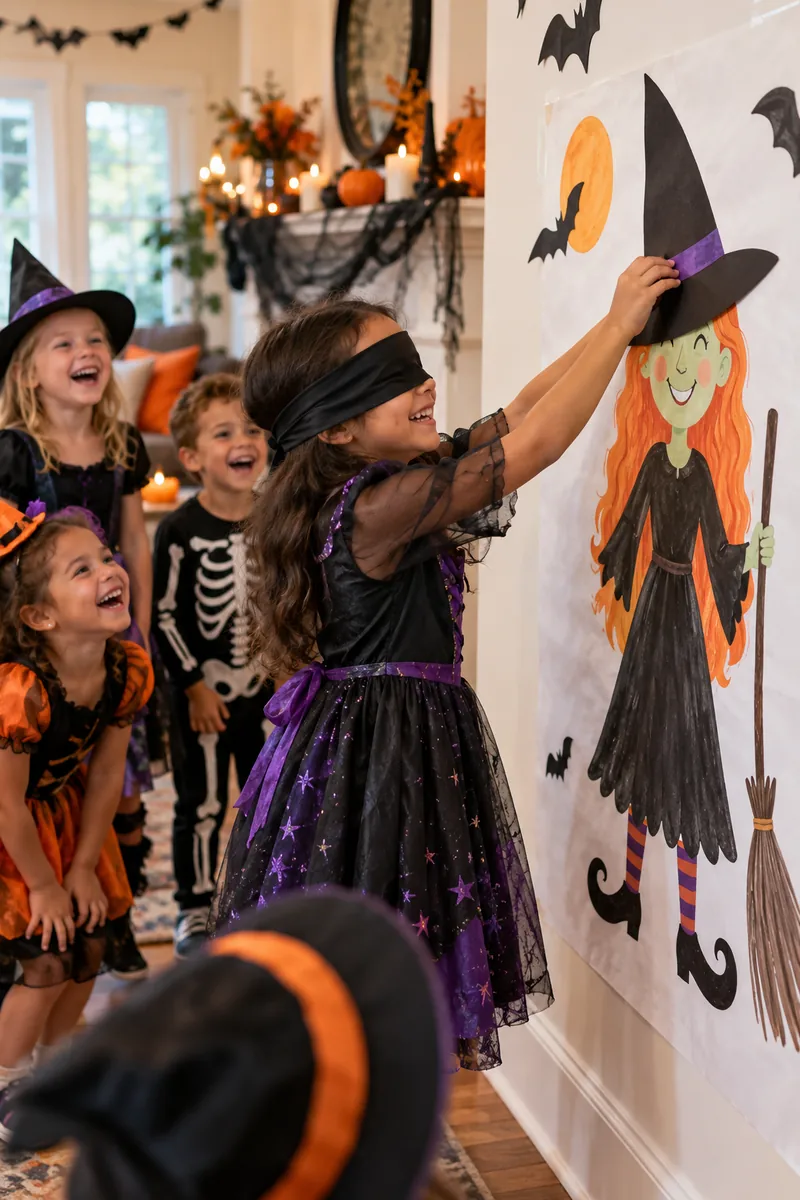 Blindfolded child pinning a paper witch hat onto a large witch poster at a Halloween party