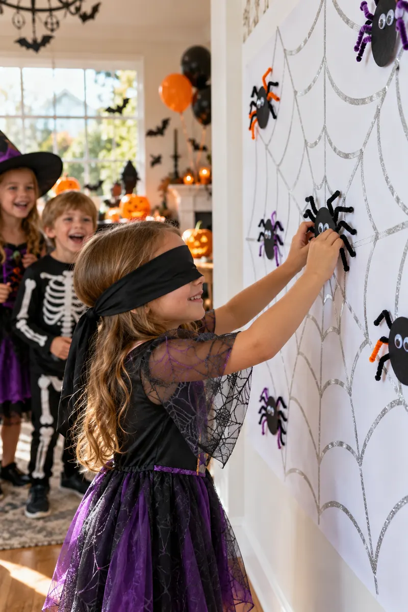 Child placing a paper spider on a large drawn spider web poster while blindfolded