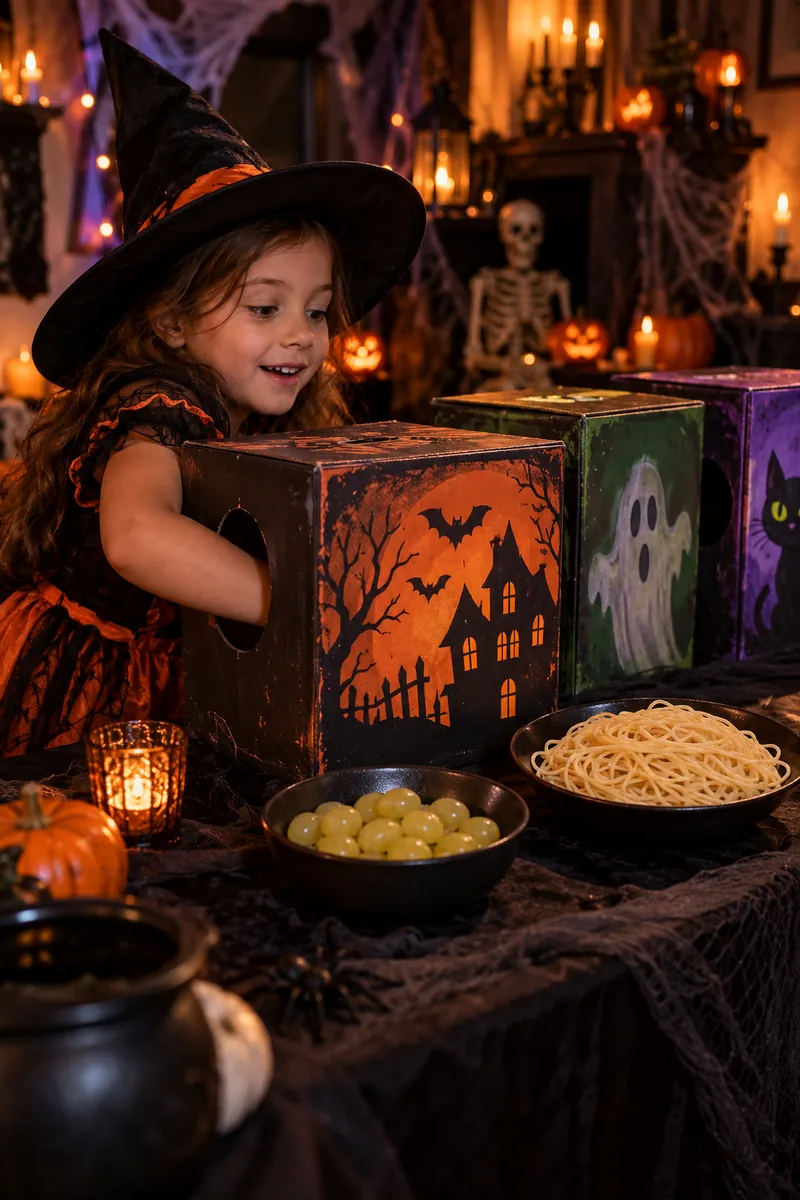 Kids reaching into decorated mystery touch boxes guessing spooky Halloween textures