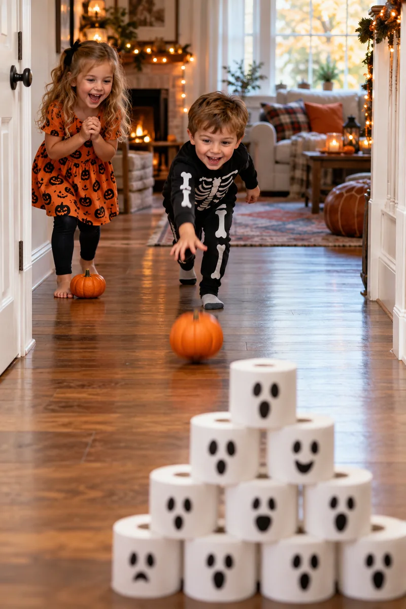 Kids playing pumpkin bowling with mini pumpkins and toilet roll pins decorated as ghosts