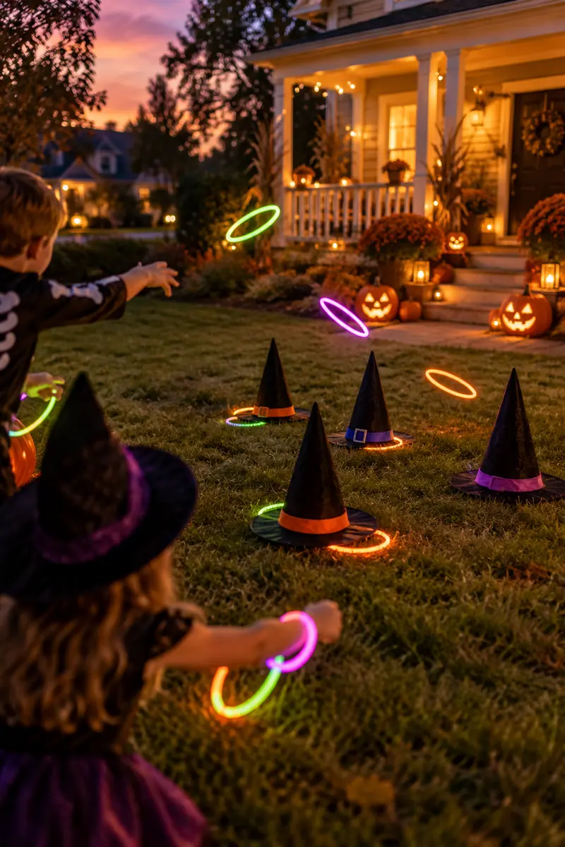 Glowing ring toss game with witch hats as targets at a kids Halloween party