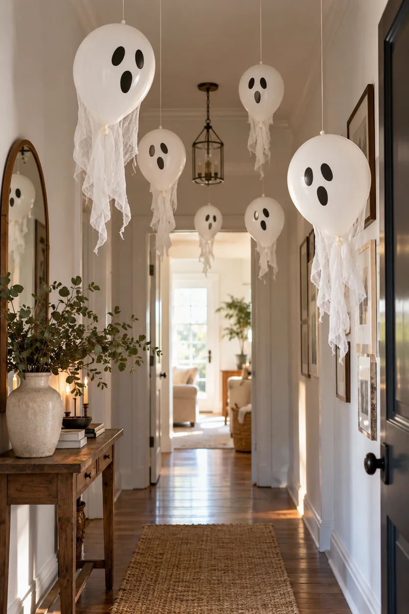 25 Last-Minute Halloween Ideas for Families 7 White balloon ghosts with drawn faces floating at different heights in a hallway