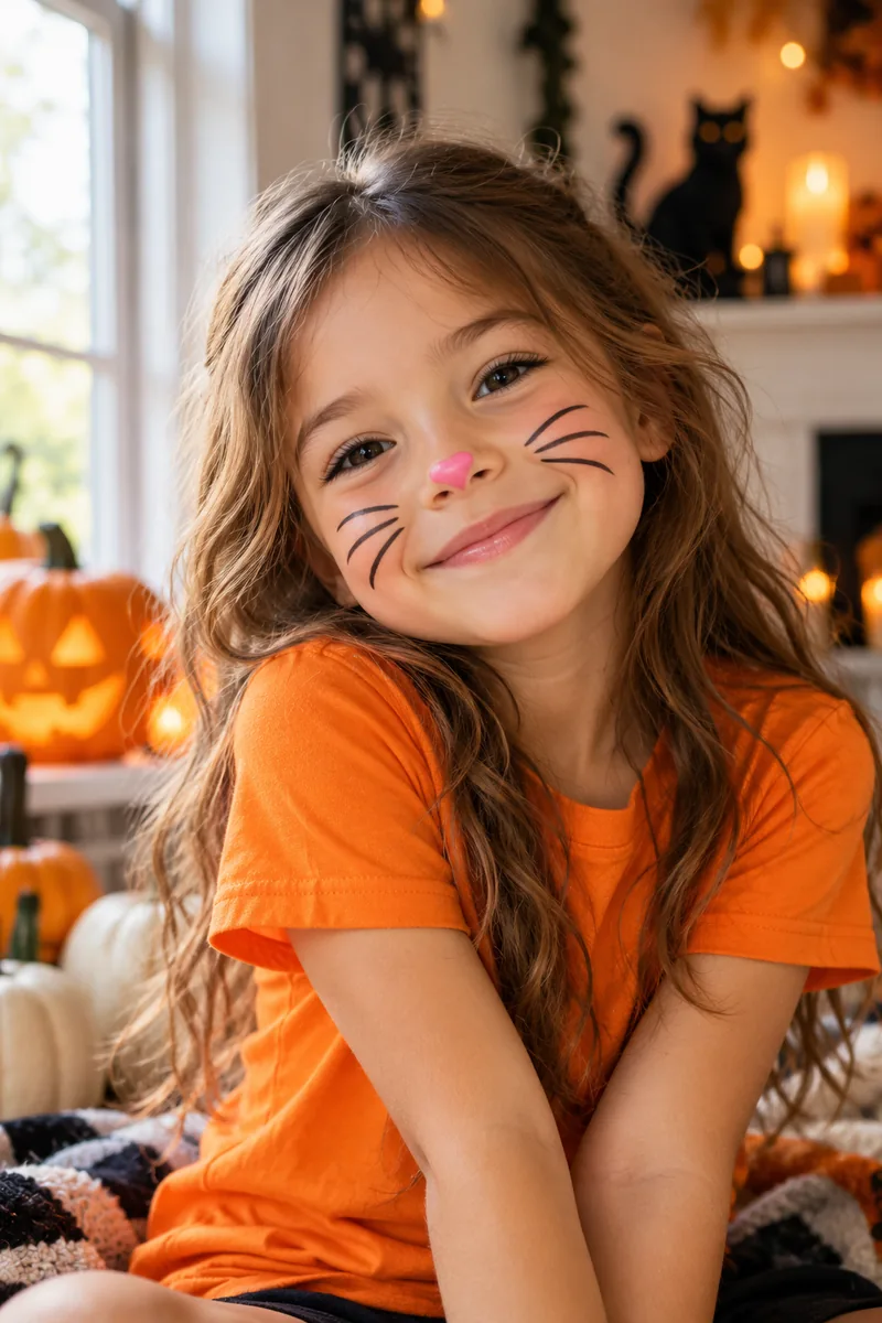 25 Last-Minute Halloween Ideas for Families 3 Child with simple cat face paint whiskers and pink nose for Halloween