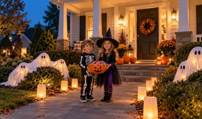 Last Minute Halloween Ideas for Families Family Halloween front porch at dusk with sheet ghosts, luminaries, and pumpkins