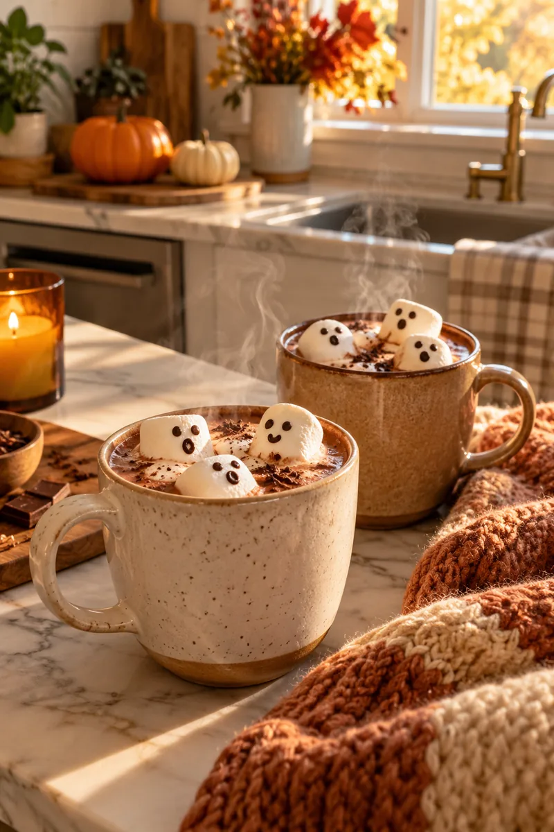 25 Last-Minute Halloween Ideas for Families 5 Hot chocolate mugs topped with marshmallows decorated as little ghosts