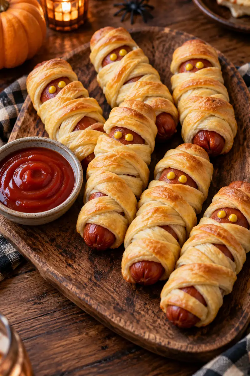 25 Last-Minute Halloween Ideas for Families 4 Mummy wrapped hot dogs with mustard eyes on a Halloween party platter