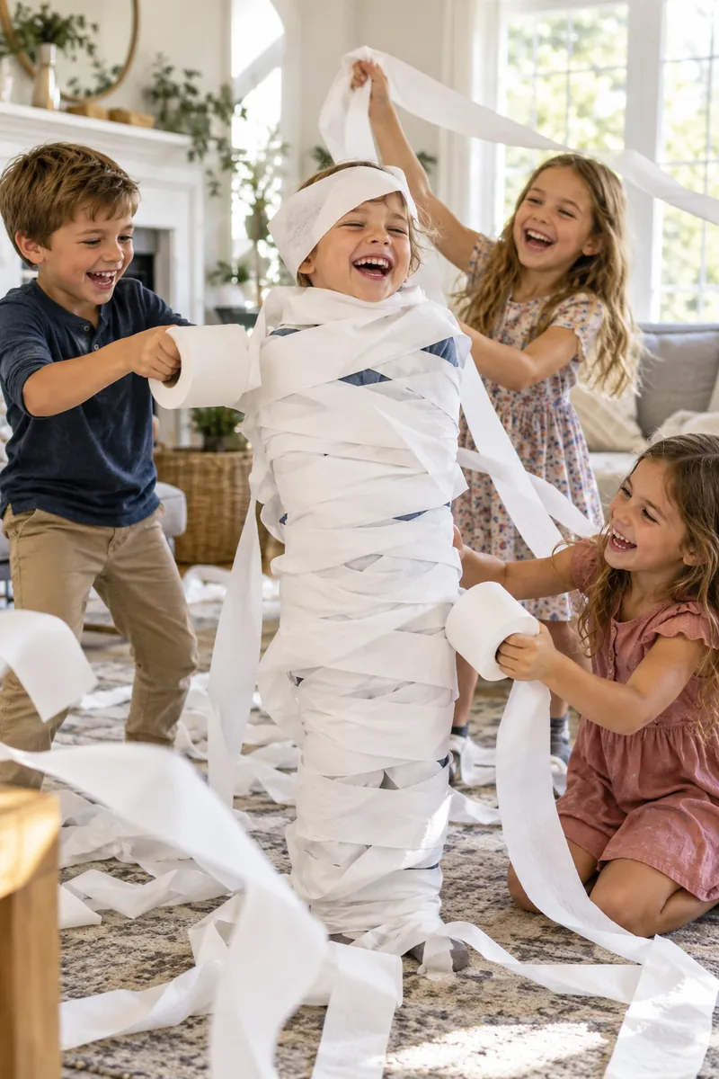 25 Last-Minute Halloween Ideas for Families 10 Kids wrapping each other in toilet paper for a Halloween mummy race game