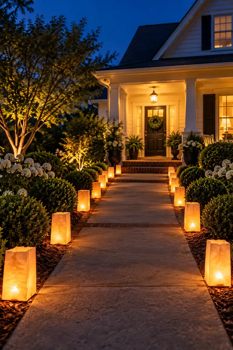 25 Last-Minute Halloween Ideas for Families 8 Glowing paper bag luminaries lining a front walkway at dusk