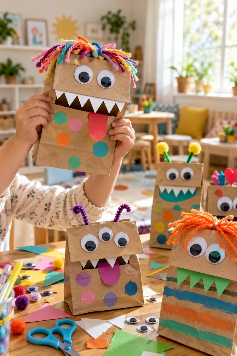 25 Last-Minute Halloween Ideas for Families 9 Kids making monster puppets from brown paper lunch bags with googly eyes