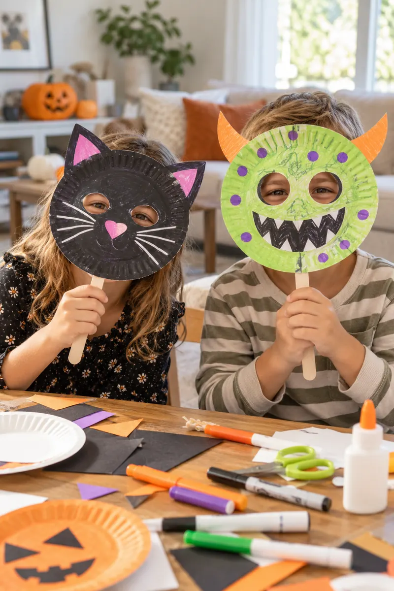 25 Last-Minute Halloween Ideas for Families 6 Kids holding handmade paper plate Halloween masks on craft sticks