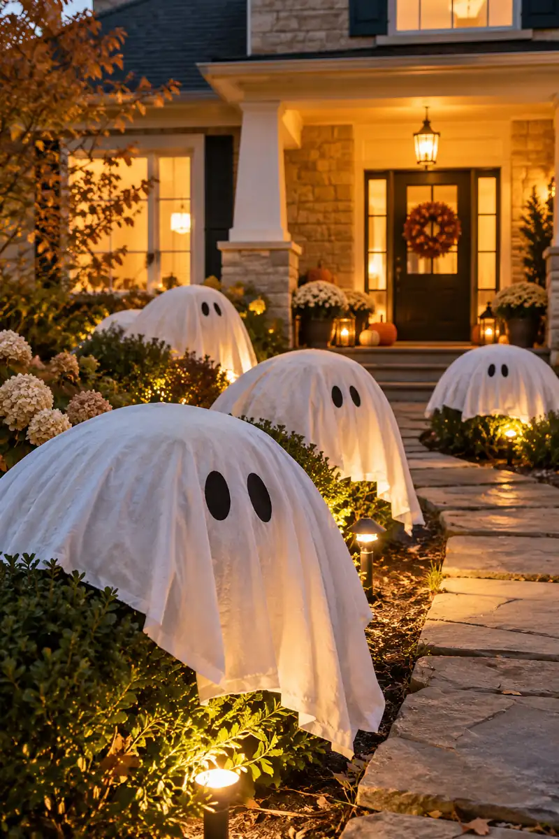 25 Last-Minute Halloween Ideas for Families 1 White sheet ghosts with black oval eyes draped over front yard bushes at dusk