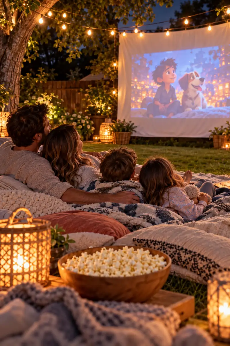 25 Last-Minute Halloween Ideas for Families 12 Family watching a Halloween movie projected onto a white sheet in the backyard