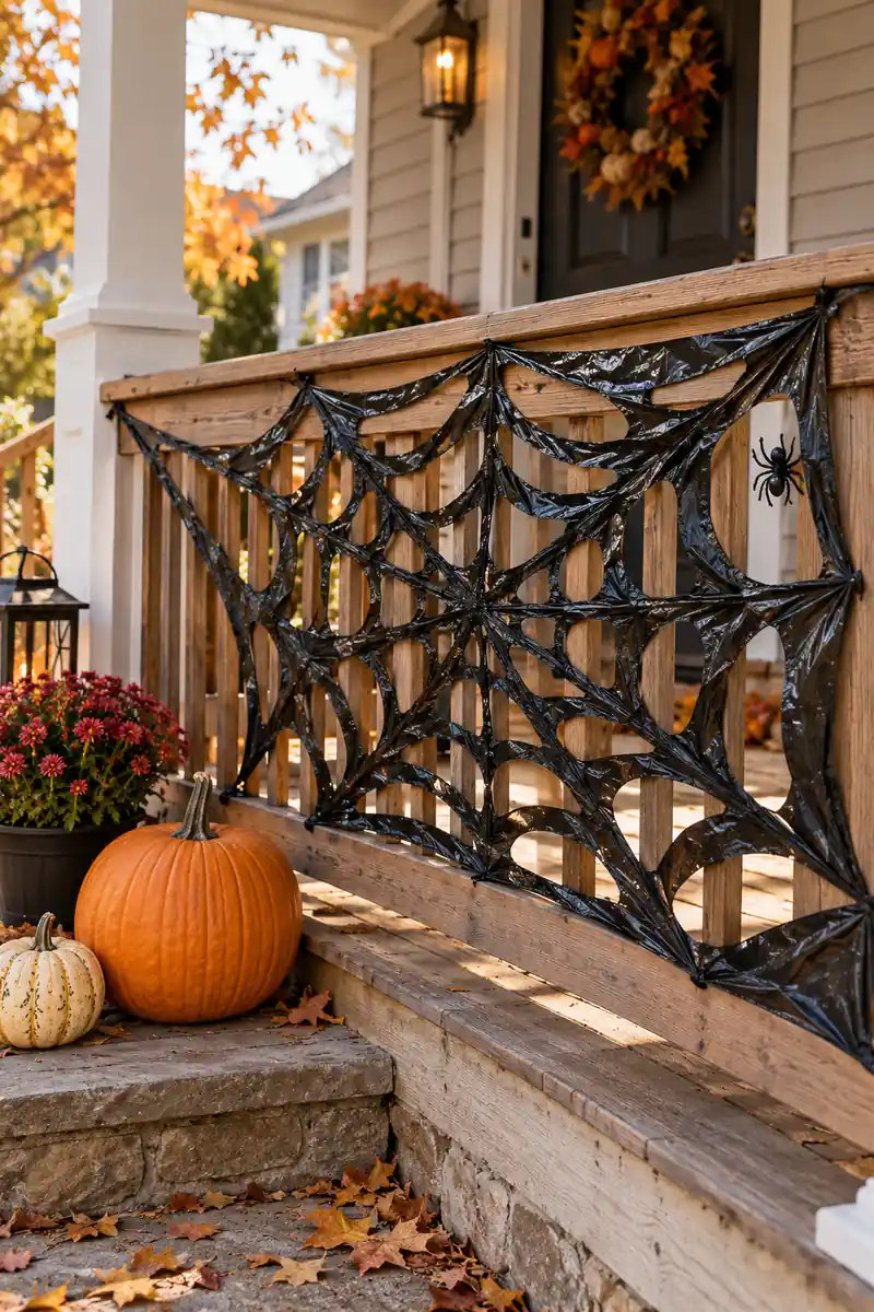25 Last-Minute Halloween Ideas for Families 2 Large black trash bag spiderweb stretched across a porch railing with a plastic spider