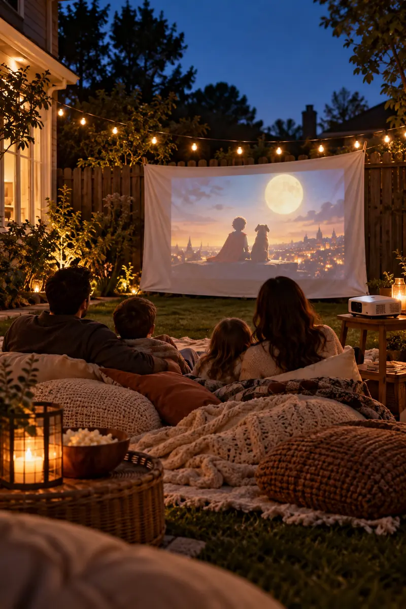 Family watching a movie on a bedsheet screen projected in the backyard at dusk