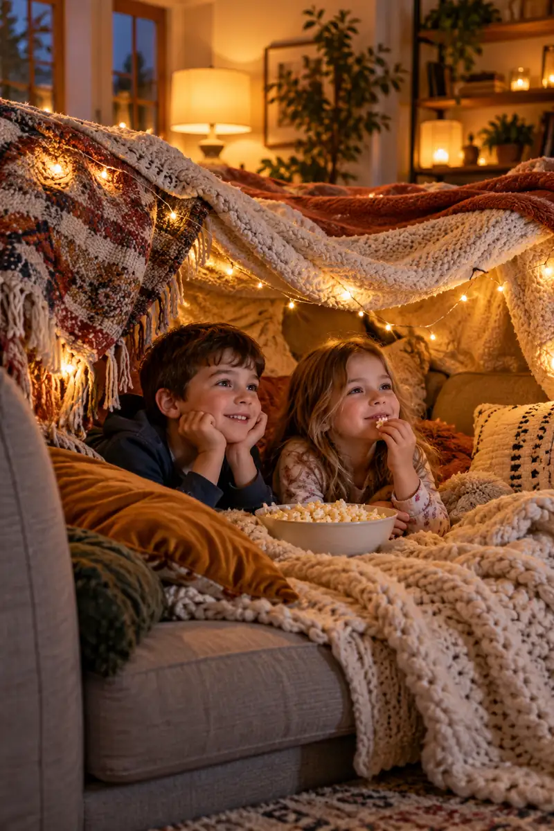 Kids watching a Halloween movie inside a cozy living room blanket fort strung with fairy lights