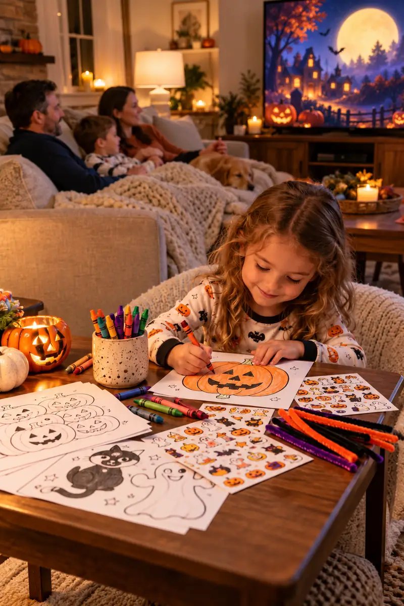 Small Halloween craft table with coloring pages and stickers beside the TV