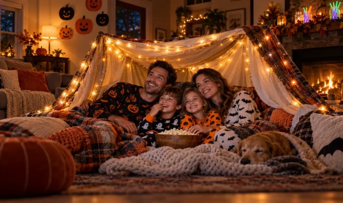 Family in Halloween pajamas watching a movie together in a living room blanket fort