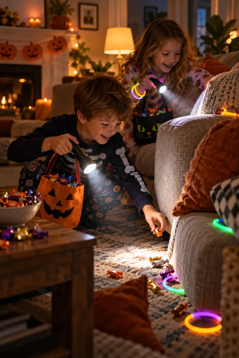 Children with flashlights hunting for hidden glow candy around a living room