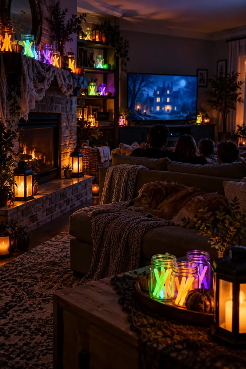 Dark living room lit by glow sticks in mason jars for a Halloween movie night