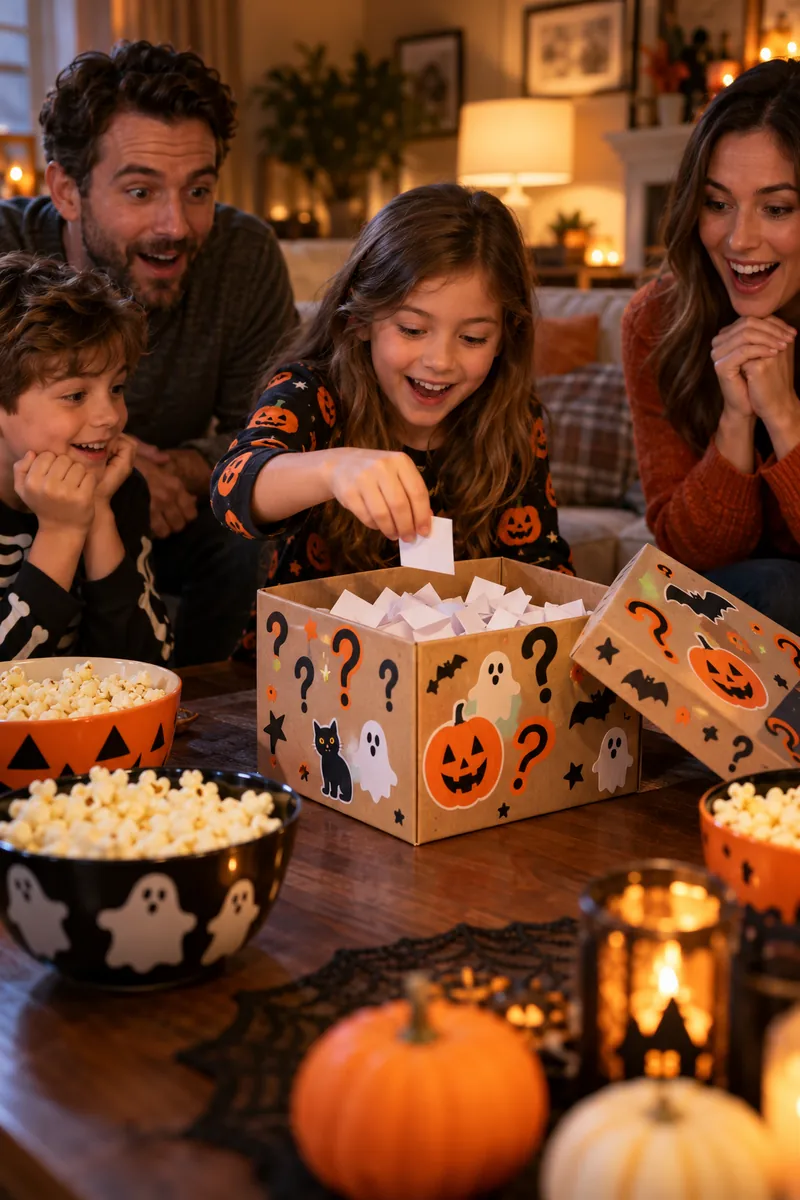 Decorated shoebox mystery box with folded movie title slips for family movie night