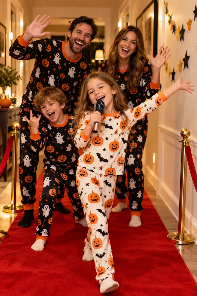 Family in Halloween pajamas posing on a red carpet runner in the hallway