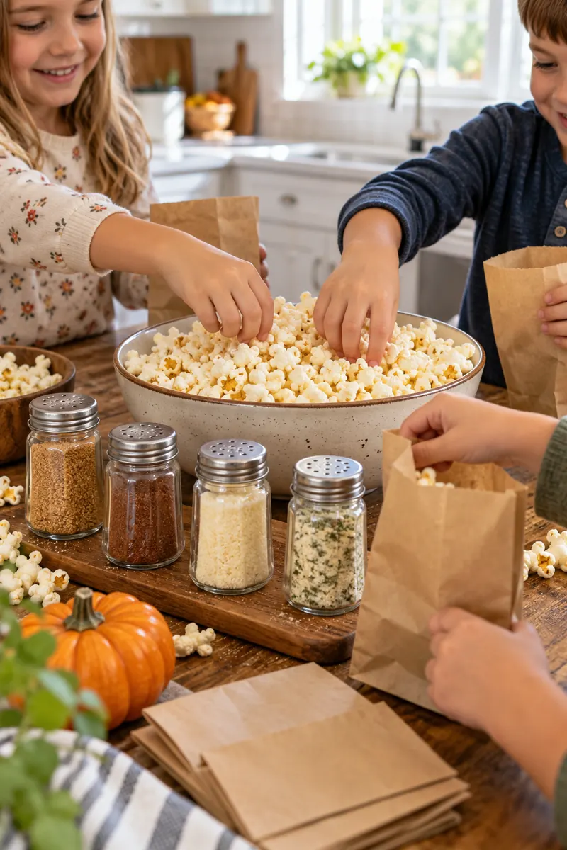 DIY popcorn flavor station with labeled shakers and paper bags on a table