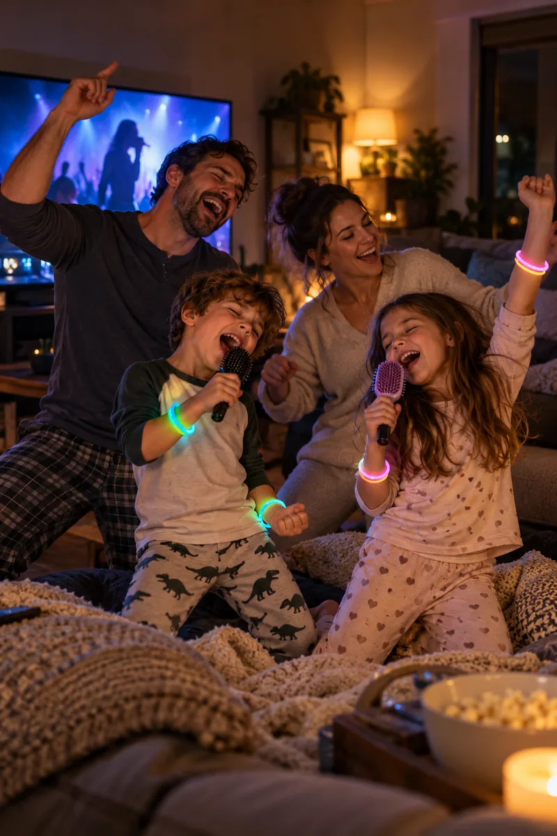 Family singing along with hairbrush microphones after a Halloween movie