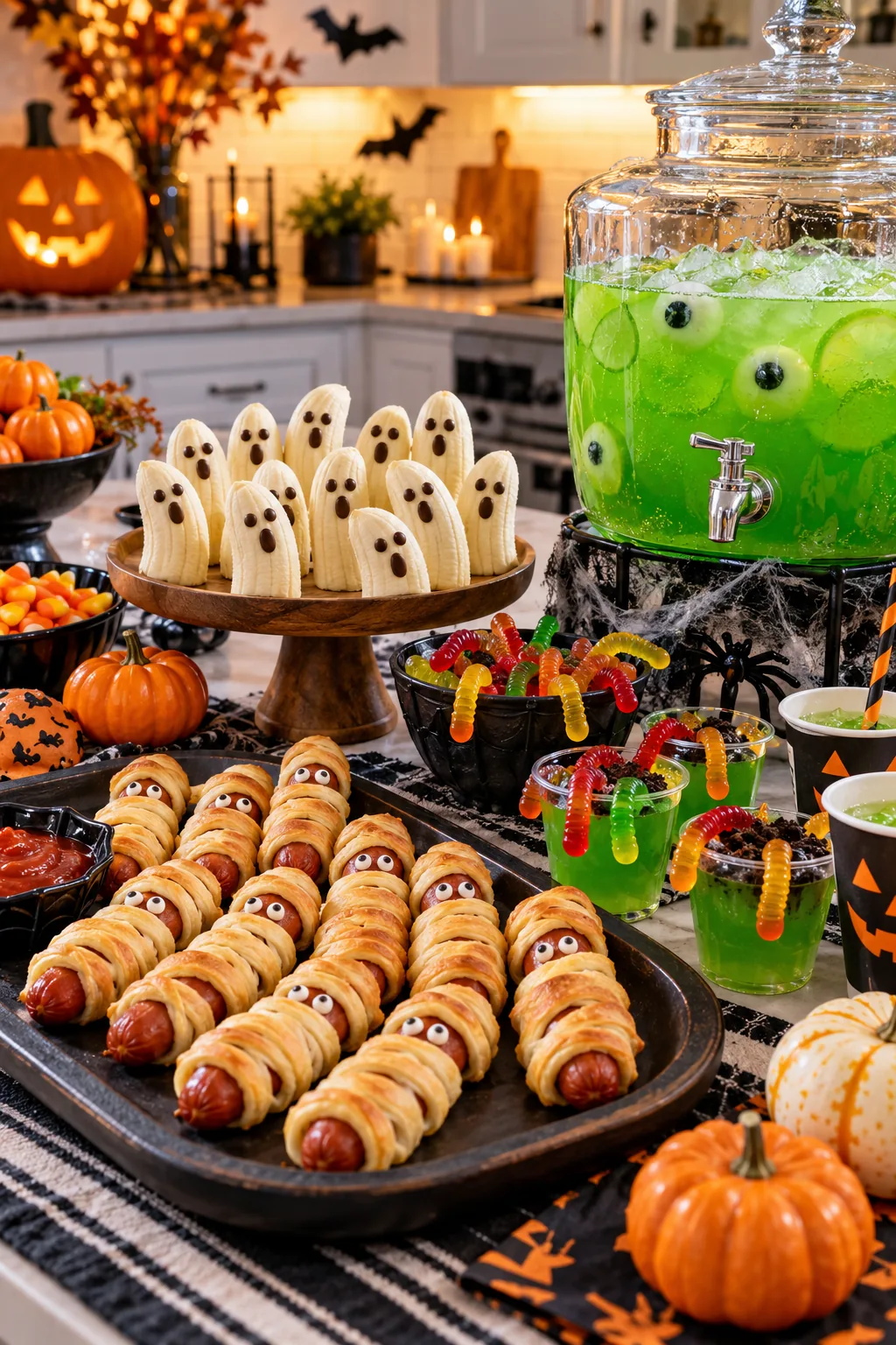 Halloween party food with mummy hot dogs, ghost bananas, gummy worms, and a green witch punch dispenser.
