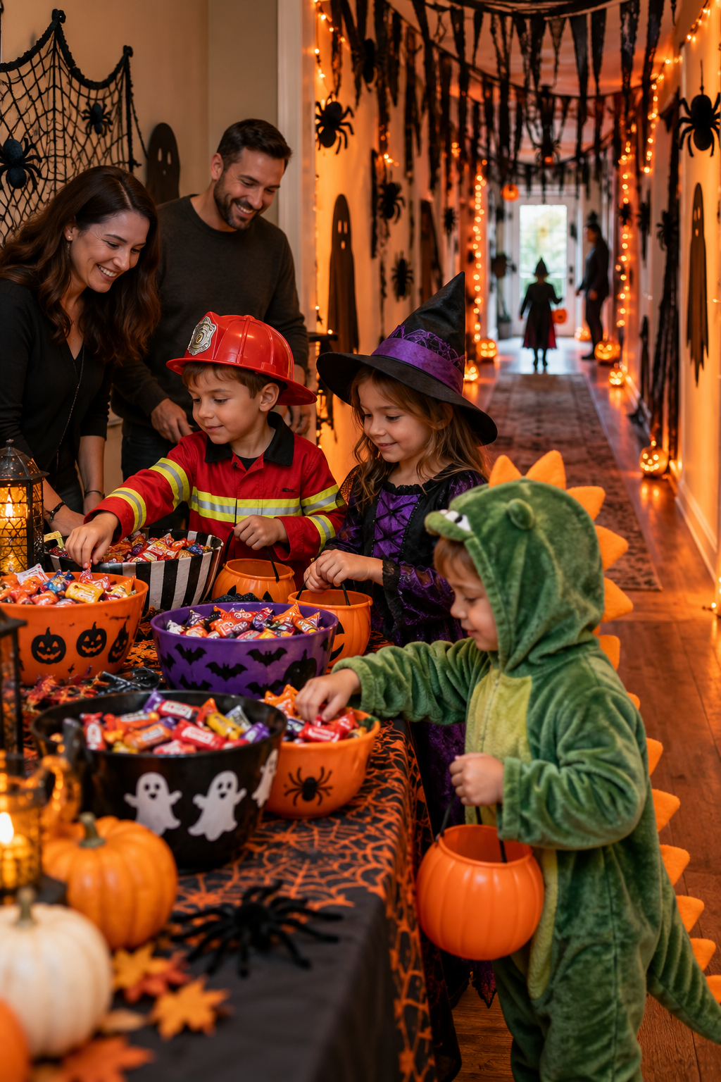Children choosing Halloween candy beside a softly decorated low-scare haunted hallway with orange lights and spooky decorations.