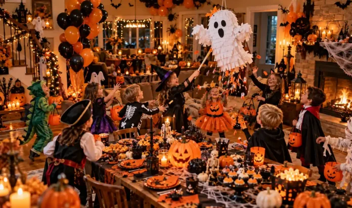 Halloween Party Ideas for Kids Kids Halloween party scene with games, pumpkins, and treats