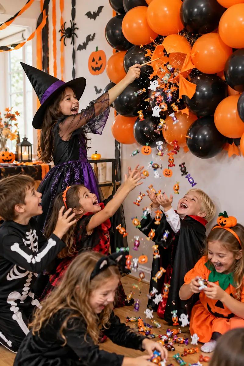 30 Halloween Party Ideas for Kids 11 Kids popping balloons filled with candy at a Halloween party
