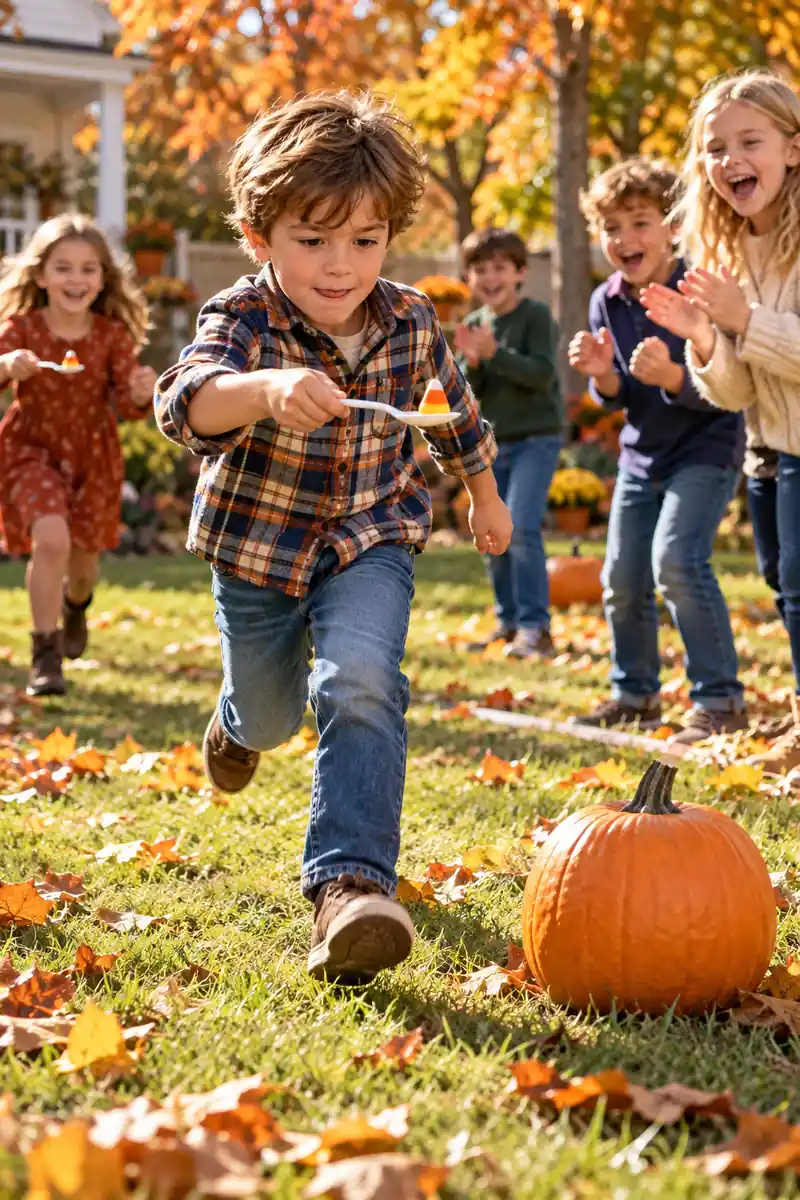 30 Halloween Party Ideas for Kids 3 Kids racing with spoons carrying candy corn in a relay
