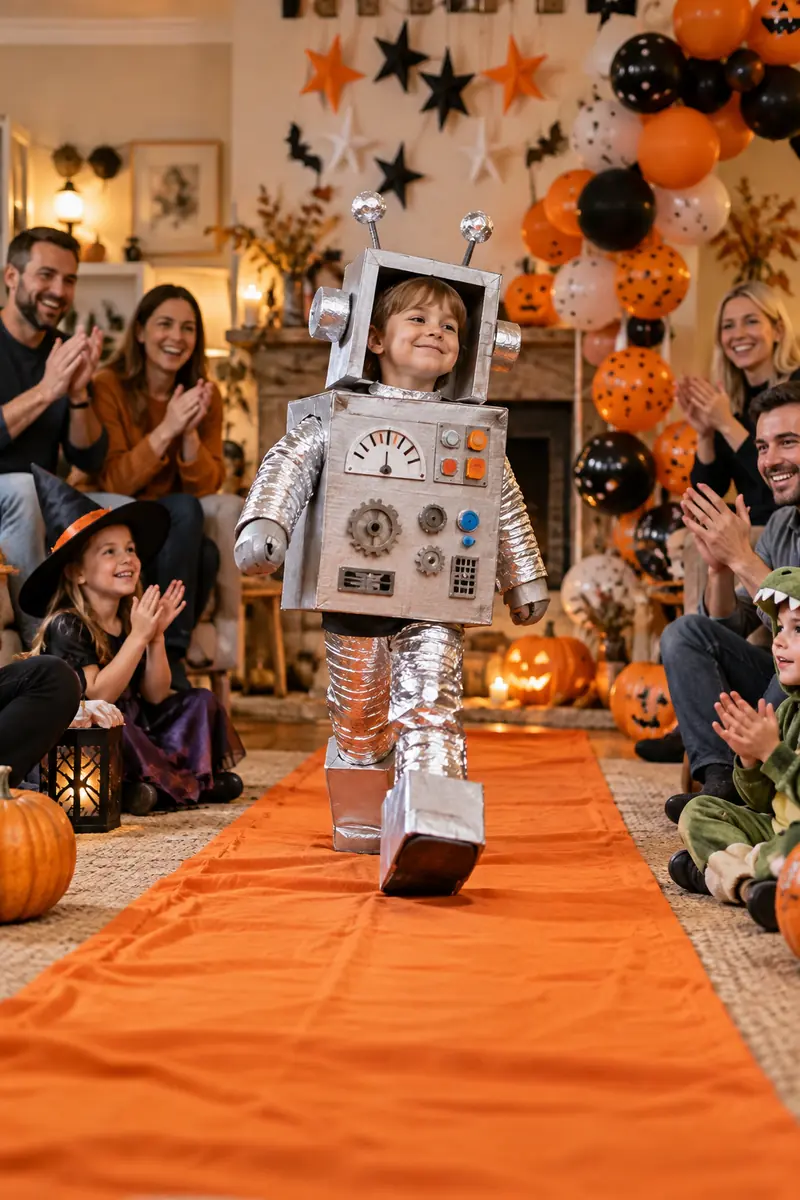 30 Halloween Party Ideas for Kids 5 Kids showing off costumes on a homemade runway at a party