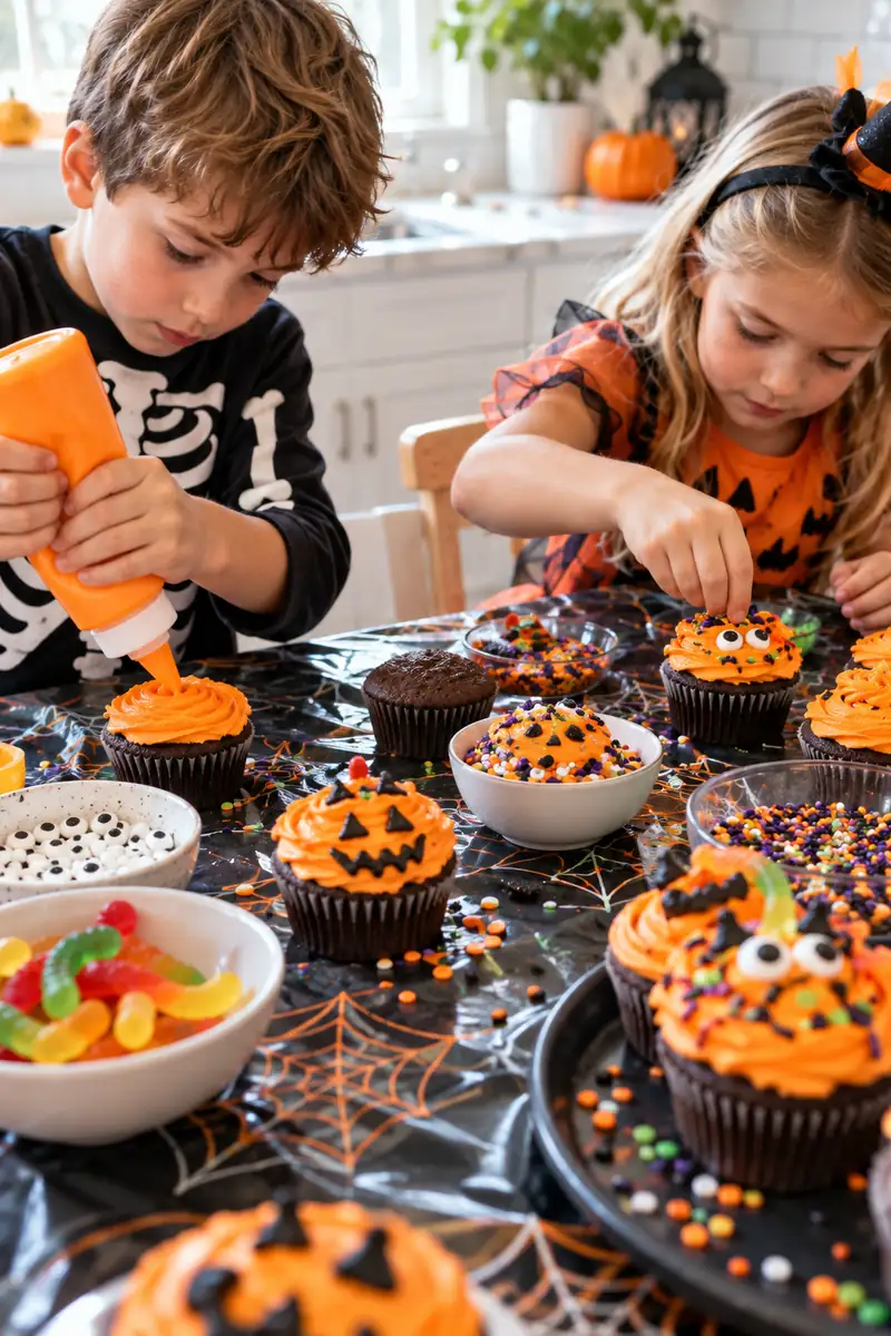 30 Halloween Party Ideas for Kids 7 Kids decorating Halloween cupcakes with orange frosting and sprinkles
