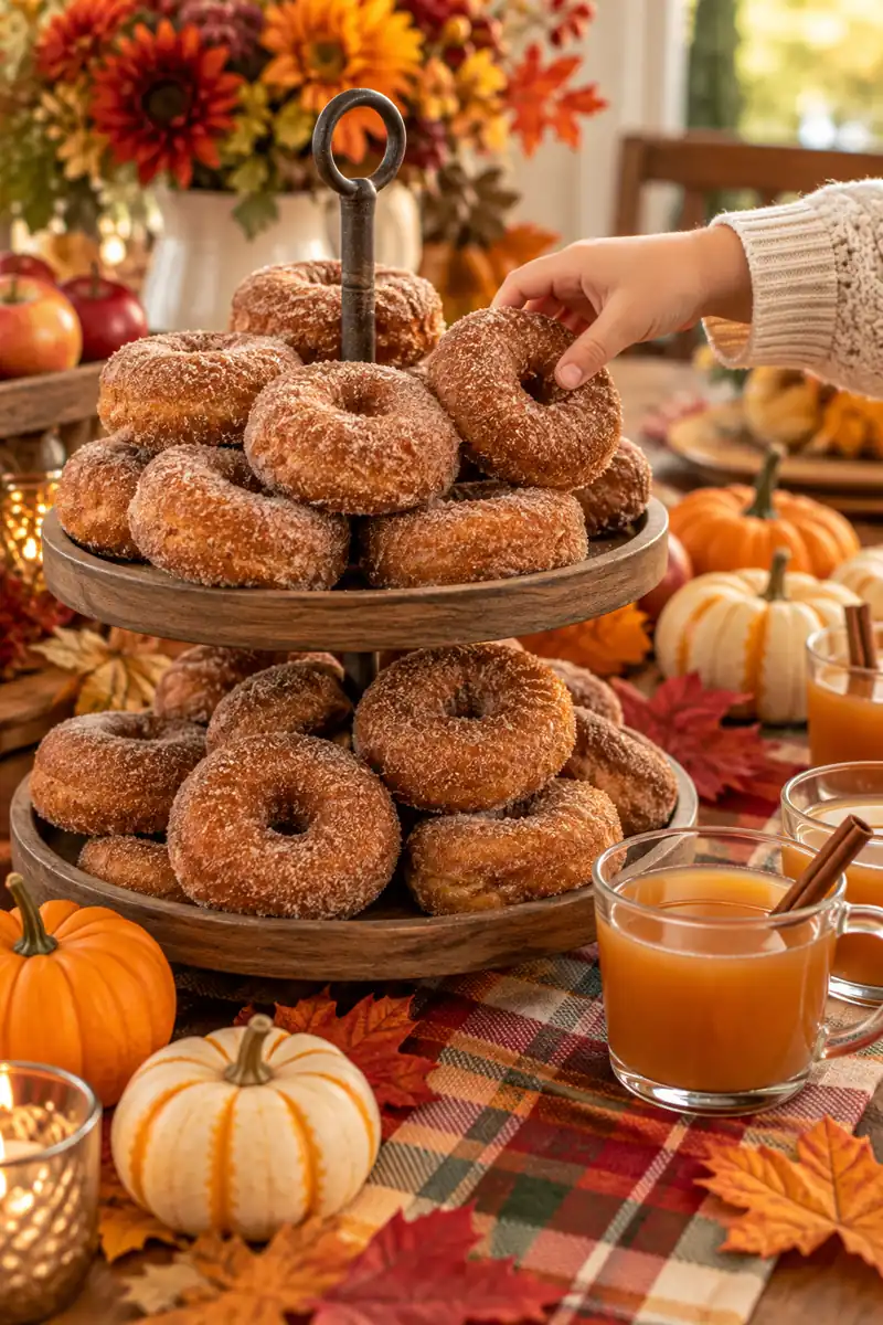30 Halloween Party Ideas for Kids 13 Kids stacking apple cider donuts on a stand at a party