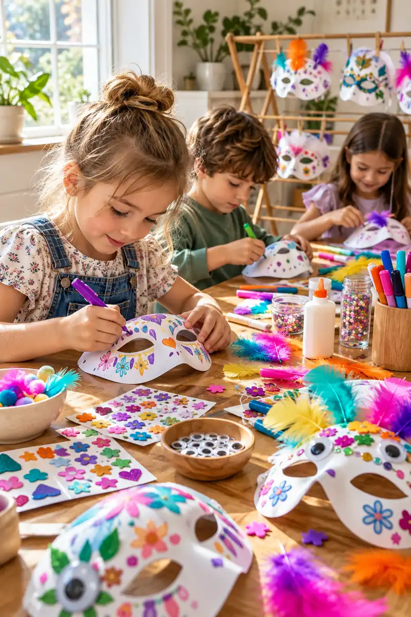 30 Halloween Party Ideas for Kids 12 Kids decorating paper masks with markers and stickers