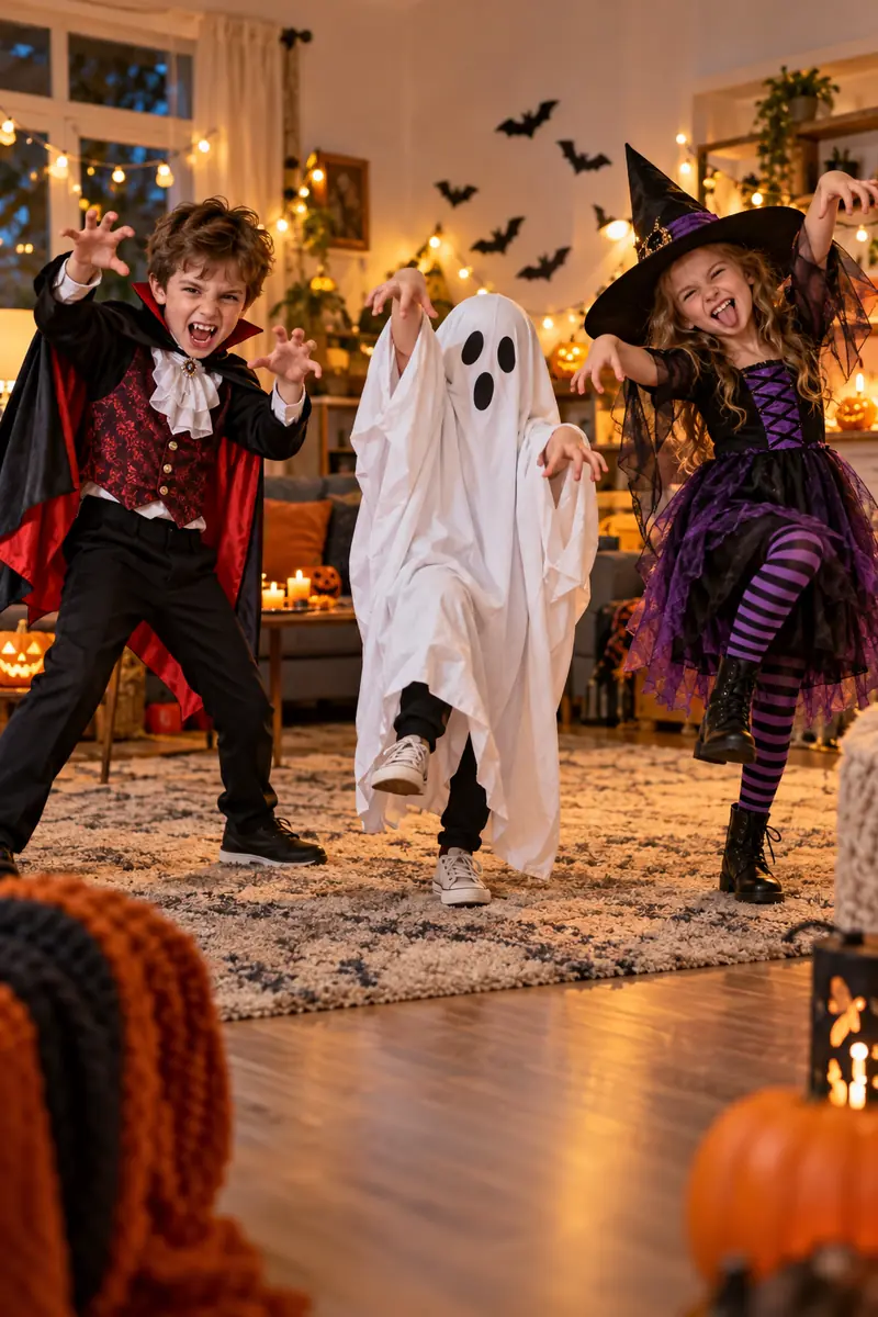30 Halloween Party Ideas for Kids 4 Costumed kids frozen mid dance at a Halloween party