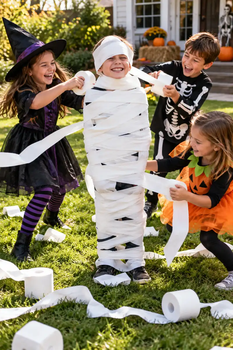 30 Halloween Party Ideas for Kids 2 Kids wrapping each other in toilet paper for a mummy relay race