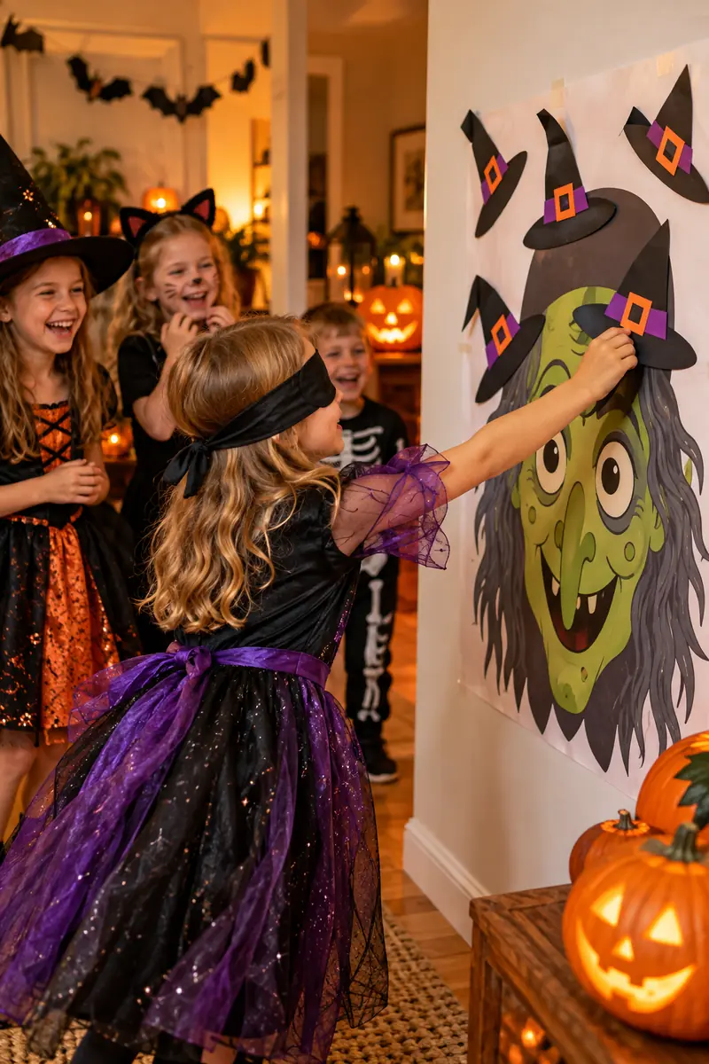 30 Halloween Party Ideas for Kids 10 Child pinning a paper hat on a witch poster at a party game