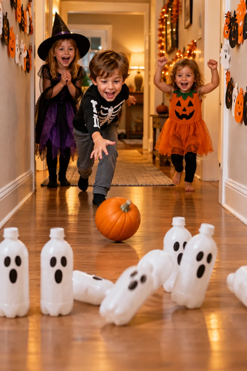 30 Halloween Party Ideas for Kids 1 Kids bowling with small pumpkins at plastic bottle pins